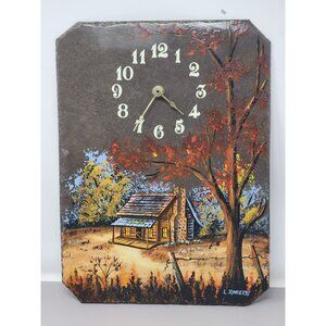 Vintage Slate Hand-Painted Rustic Cabin Scene Working Wall Clock By L.‎ Roberts